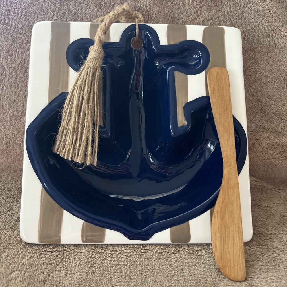 Mud Pie Blue Anchor Striped Ceramic Dip Bowl Spreader‎ Set Beach Nautical 6.5"